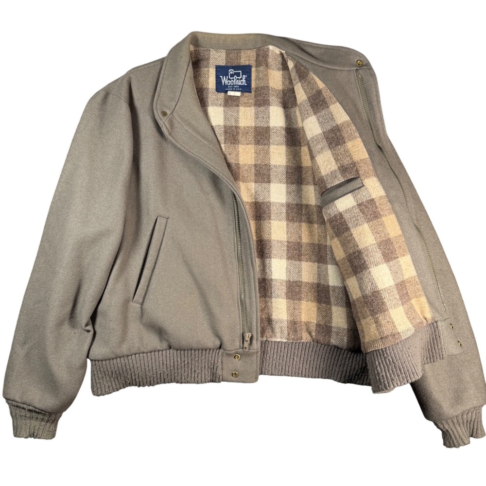 Woolrich Vintage Bomber Jacket Mens XL Taupe Wool Plaid Lined Made in USA Zipper